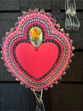Beaded Pink Heart Badge Reel with Crystal Accent